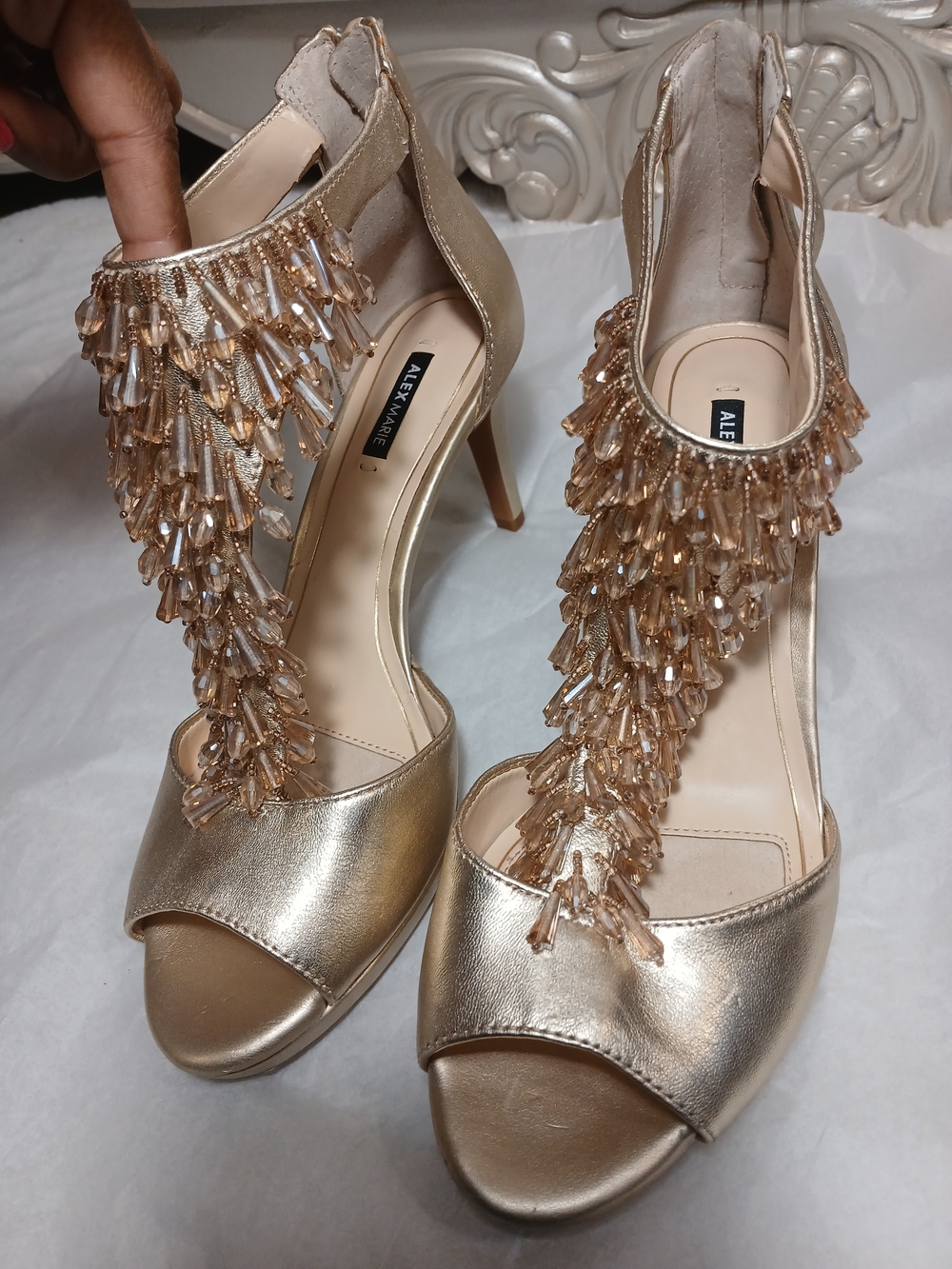 Alex Marie Metallic Gold Beaded Fringe Stiletto Sandals